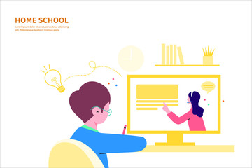 Home school education or online education. A Kid seats at table and learning at home.E-learning.  Flat cartoon vector illustration.