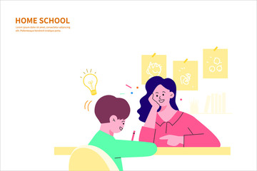 Home school education. Mother teaching a kid at home. Kid seats at table and learning at home. At-home learning.  Flat cartoon vector illustration.