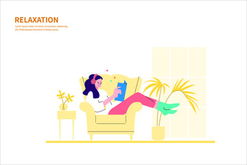 Young woman is sitting on a sofa and reading a book, enjoying meditation, relaxation, listening to music at room or apartment. self quarantine. Stay at home. Flat cartoon vector illustration.