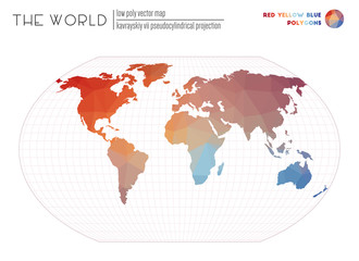 Triangular mesh of the world. Kavrayskiy VII pseudocylindrical projection of the world. Red Yellow Blue colored polygons. Modern vector illustration.