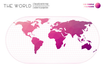 Abstract world map. Eckert III projection of the world. Red Purple colored polygons. Stylish vector illustration.