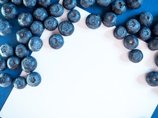 many wild blueberries are framed around a piece of paper on a blue background