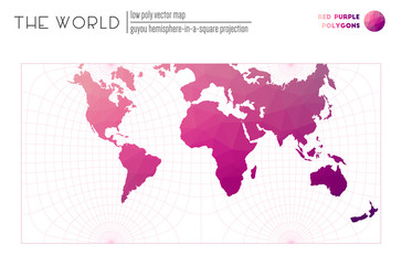 Polygonal world map. Guyou hemisphere-in-a-square projection of the world. Red Purple colored polygons. Creative vector illustration.