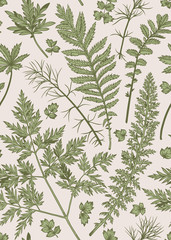 Vertical seamless pattern with leaves and plants.