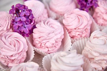 Obraz na płótnie Canvas Violet sweet homemade marshmallow from blackcurrant near lilac flowers