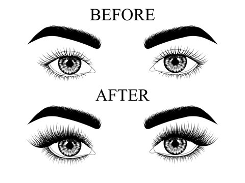 Eyelash extensions before and after. Fashion illustration. Black and white hand-drawn image of beautiful eyes with eyebrows and long eyelashes. Vector EPS 10.