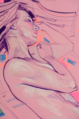 pencil drawing illustration, female nudity portrait, handmade
