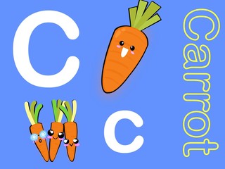 Cute alphabet letter C is for carrot  in fruits and veggies flashcard collection for preschool kid learning English vocabulary 