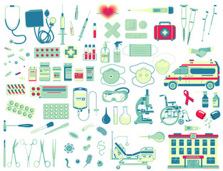 Vector big medical flat icons set. Medical supplies, accessories and attributes. For your web site design, logo, app, UI