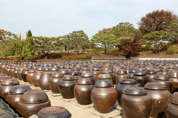Korean traditional clay pot and stone wall