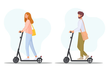 Young people rides on electric scooters. Ecology transport concept. Eco Friendly personal transport. Vector illustration.