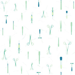 Vector seamless pattern with Surgical Instrument. Scalpel, clamp, scissors, tweezers. For web site design, logo, app, UI