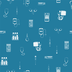 Vector seamless pattern with outlines of tonometer, stethoscope and other medical accessories. For web, logo, app, UI