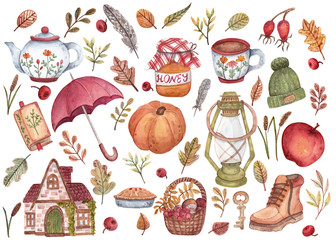 A large set of hand-drawn watercolor illustrations on a cozy autumn theme. Leaves of different shapes and colors, clothes, objects, berries, feathers for design, cards, decorations, stickers.