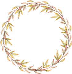 Hand-drawn watercolor wreath. Simple round frame of branches with leaves for the design of cards, invitations, decorations, stickers, print and other use.