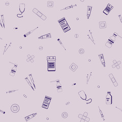 Vector seamless pattern with outlines of crutches, thermometer, stethoscope and other medical accessories. For web, app