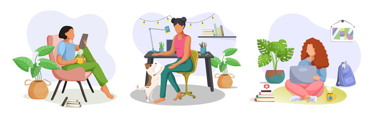 Collection of people working at home. Freelancer, online education or social media concept. Vector illustration.