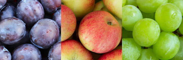 Collage of fruits. Plum apples grapes