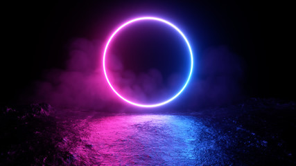 neon light shapes on black background,rainbow colors, empty space,  80's retro style, fashion show stage, abstract background, 3d rendering,conceptual image.