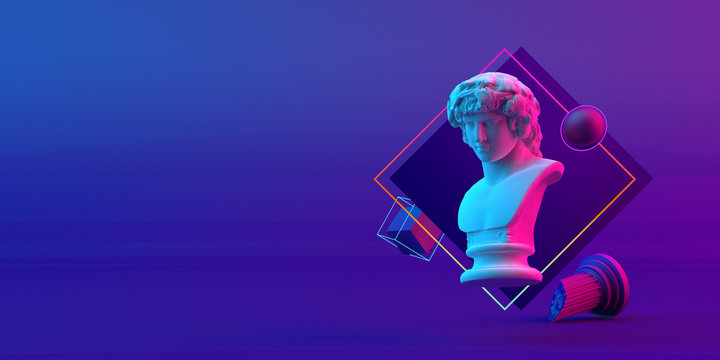 3d-illustration of an abstract cyberpunk composition of Antinous sculpture and primitive objects