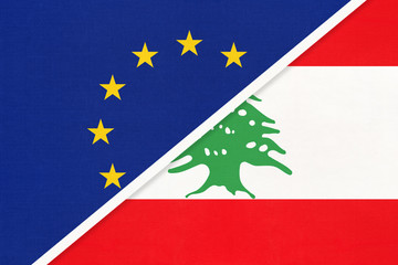European Union or EU and Lebanon national flag from textile. Symbol of the Council of Europe association.