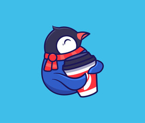 The logo funny penguin with coffee. Food logotype, cute animal