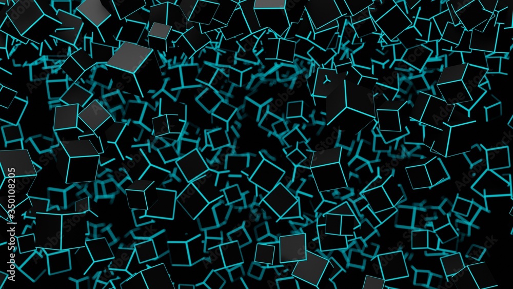 Poster neon light cube block network futuristic flying into digital technologic animation 3d rendering