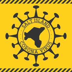 Round badge with shape of virus and Salt Island map. Yellow island epidemy lock down stamp. Vector illustration.