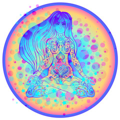 Beautiful Girl sitting in lotus position over ornate colorful neon background. Vector illustration. Psychedelic mushroom composition. Buddhism esoteric motifs. Tattoo, spiritual yoga.
