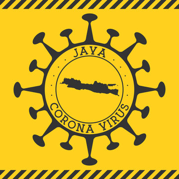 Round badge with shape of virus and Java map. Yellow island epidemy lock down stamp. Vector illustration.
