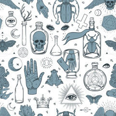 Obraz premium Mystic, magic, background. Religion and the occultism with esoteric and masonic symbols. Medieval manuscript inspired. Vector seamless pattern in retro style. Repeating Trendy stylish texture.