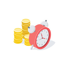 Time clock money coins. Vector 3d isometric, color web icon, new flat style. Creative illustration design, isolated graphic idea for infographics.