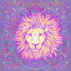 Patterned ornate lion head. African, Indian, totem, tattoo, sticker design. Design of t-shirt, bag, postcard and posters. Vector isolated illustration in bright neon colors. Zodiac sign Leo.