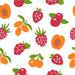 Hand drawn berry seamless pattern. Berry icon and strawberry inscription for print and web. Vector illustration.