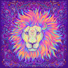 Obraz premium Patterned ornate lion head. African, Indian, totem, tattoo, sticker design. Design of t-shirt, bag, postcard and posters. Vector isolated illustration in bright neon colors. Zodiac sign Leo.
