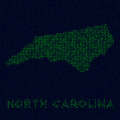 Digital North Carolina logo. US state symbol in hacker style. Binary code map of North Carolina with US state name. Awesome vector illustration.