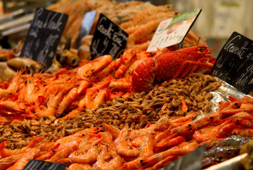 Crustaceans in a seafood market stall in La Rochelle, France