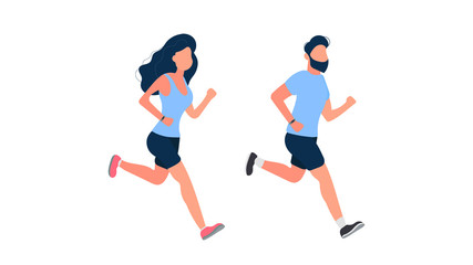Fototapeta na wymiar Set of running people. The guy and the girl are running. Isolated. Vector.