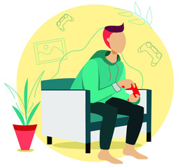 Smiling man playing video game console at home. Vector illustration with the hipster guy sits on sofa, holds game controller and watches TV. Room interior in flat style design