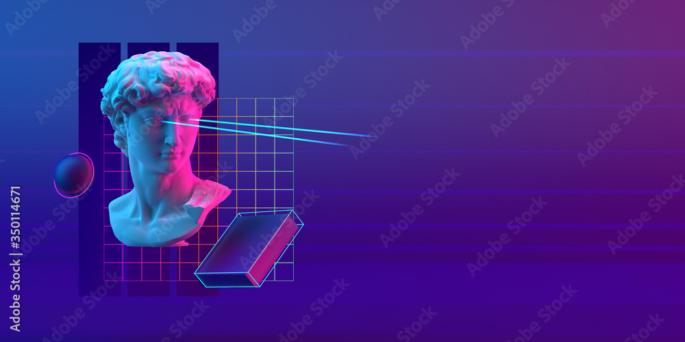Wall mural 3d-illustration of an abstract cyberpunk composition of david sculpture and primitive objects