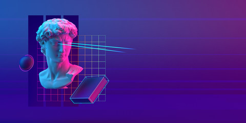 3d-illustration of an abstract cyberpunk composition of David sculpture and primitive objects