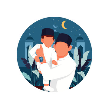 vector illustration of Islamic character from a happy father and son couple, flat design concept