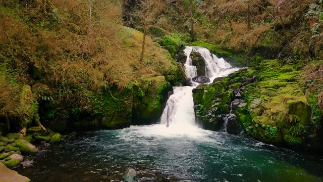 Rushing waterfall flyaway in mossy Oregon forest on secluded hike