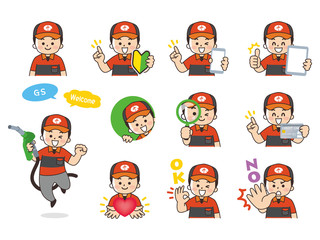 ガソリンスタンドの男性スタッフバリエーション　初心者マーク　スマートフォン　タブレット　虫眼鏡　クレジットカード　ハート　OK　NO