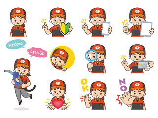 ガソリンスタンドの女性スタッフバリエーション　初心者マーク　スマートフォン　タブレット　虫眼鏡　クレジットカード　ハート　OK　NO