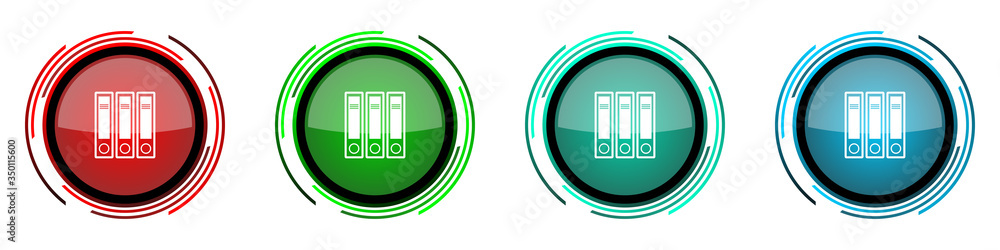 Poster Binder round glossy vector icons, folder, document, file set of buttons for webdesign, internet and mobile phone applications in four colors options isolated on white background