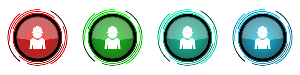Engineer round glossy vector icons, worker, manager, employe set of buttons for webdesign, internet and mobile phone applications in four colors options isolated on white background