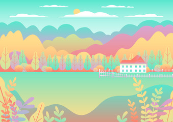 Hills and mountains landscape. House farm in flat style design. Outdoor panorama countryside illustration. Field, tree, forest, blue sky and sun. Rural location, cartoon vector background pastel color