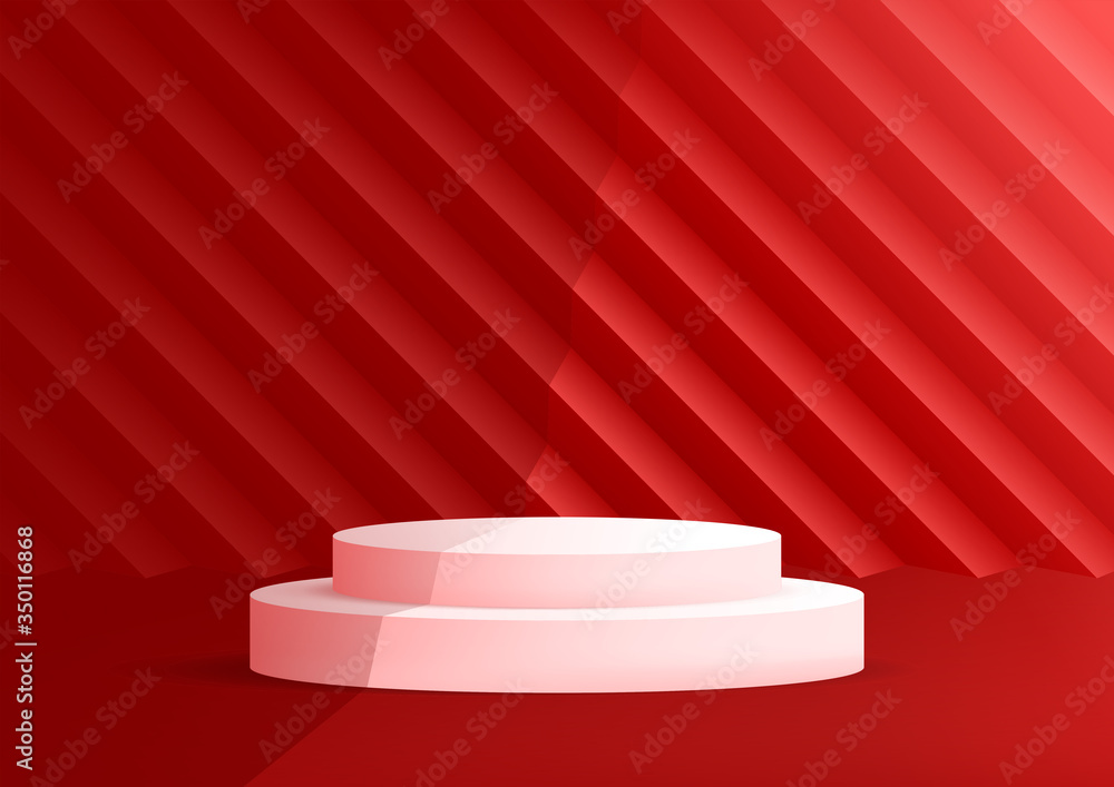 Poster empty podium studio red background for product display with copy space. banner background for advert
