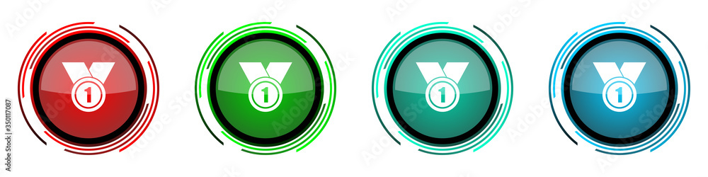 Aufkleber Badge round glossy vector icons, first, number one set of buttons for webdesign, internet and mobile phone applications in four colors options isolated on white background